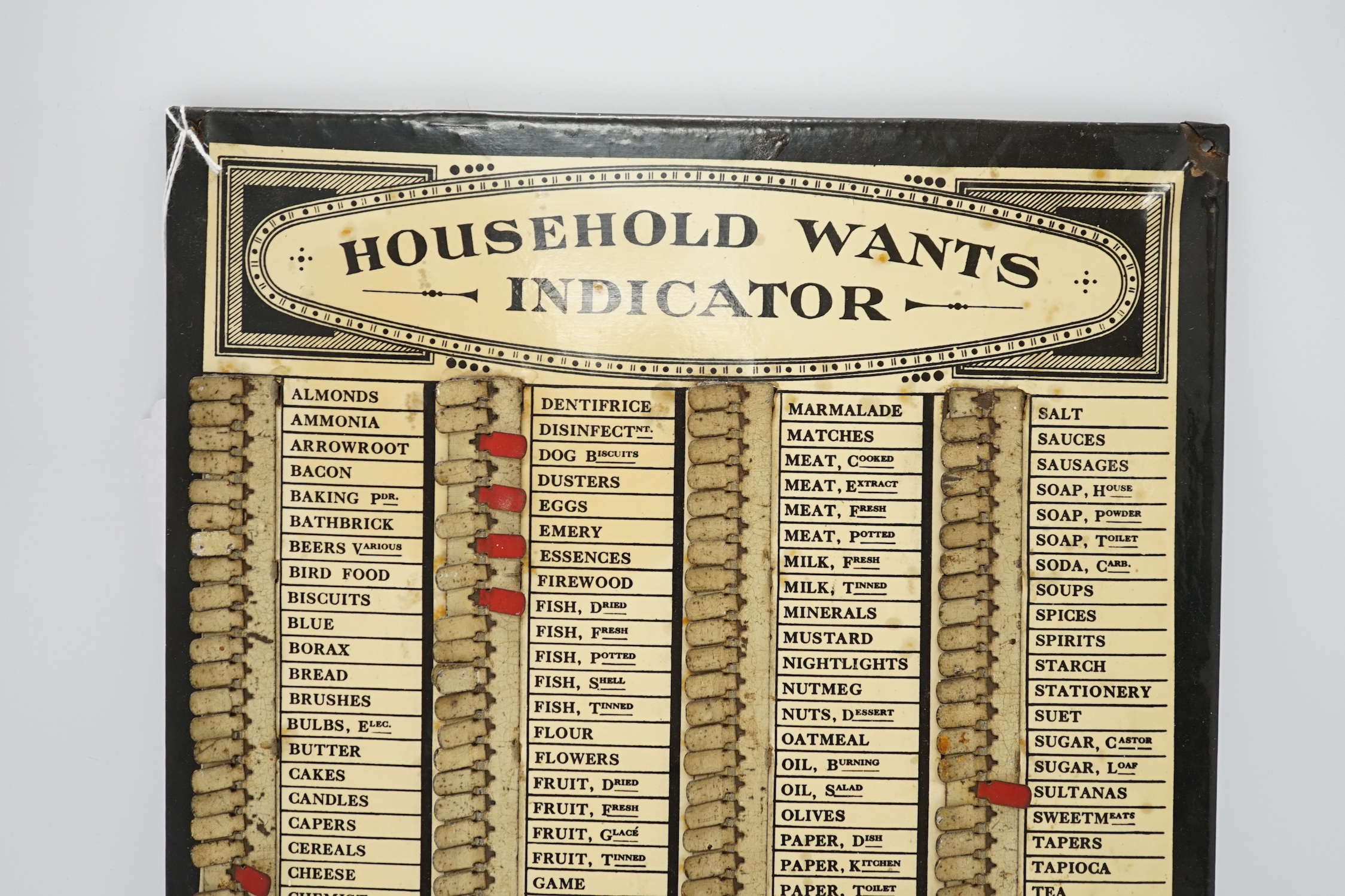 An early 20th century Charles Letts & Co. 'Household Wants Indicator” board, 33cm high. Condition - poor to fair